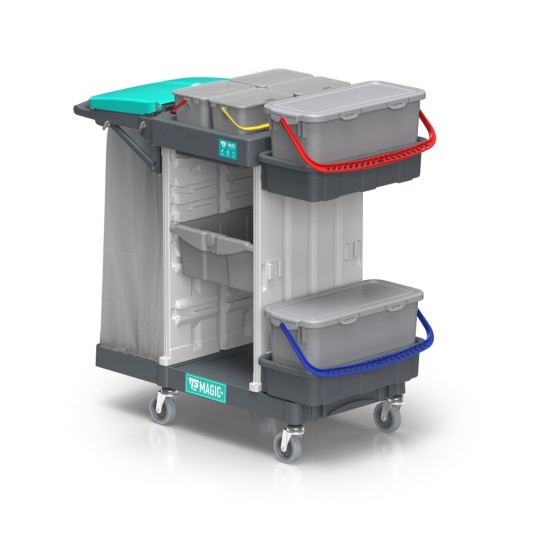 Cărucior curatenie cu 3 zone deschis: suport pliabil pentru sac de 120 l, zonă de depozitare cu sertar și zonă de spălare cu sistem de presă-înmuiere. Magic System 700B