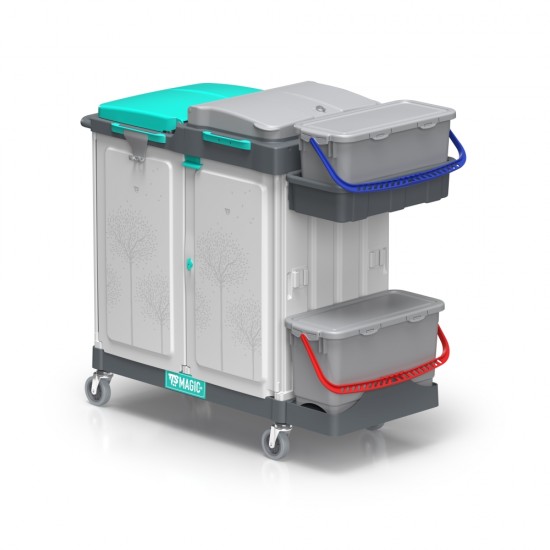 Carucior curatenie închis cu 3 zone: colectarea deșeurilor de 150 L, zonă de depozitare cu 2 sertare și zonă de spălare cu pre-îmbibare plus maner ergonomic