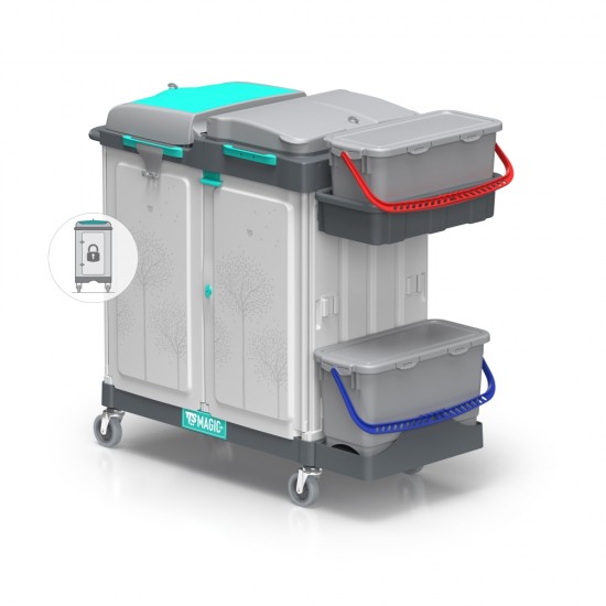 Carucior curatenie închis cu 3 zone: zonă de colectare a deșeurilor (150 l) cu chei detașabile, zonă de depozitare cu 2 sertare și zonă de spălare cu pre-înmuiere. Magic 760E