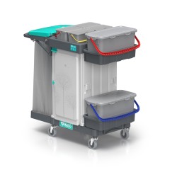 Carucior cu 3 zone: suport pliabil pentru sac de 120 l, zonă de depozitare închisă cu sertar și zonă de spălare cu sistem de prespălare. Magic System 700S