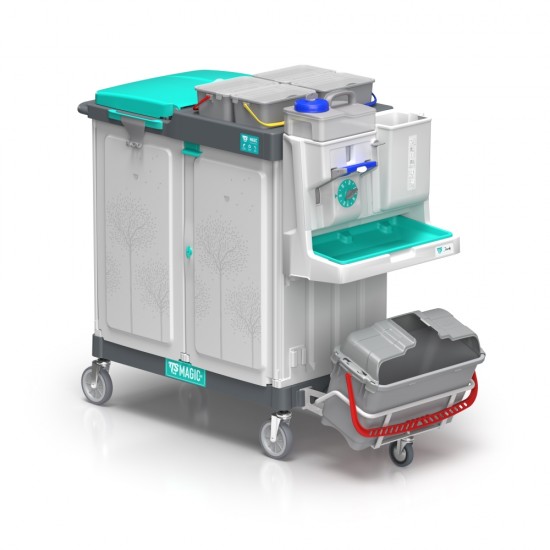 Carucior curatenie clinica medicala cu 3 zone și sistem de eliminare a mopurilor Pockety fără atingere Magic System 806E