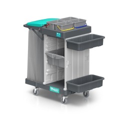 Cărucior cu 3 zone: suport pliabil pentru sac de 120 L, zonă de depozitare cu sertar și cu coșuri Magic 210B