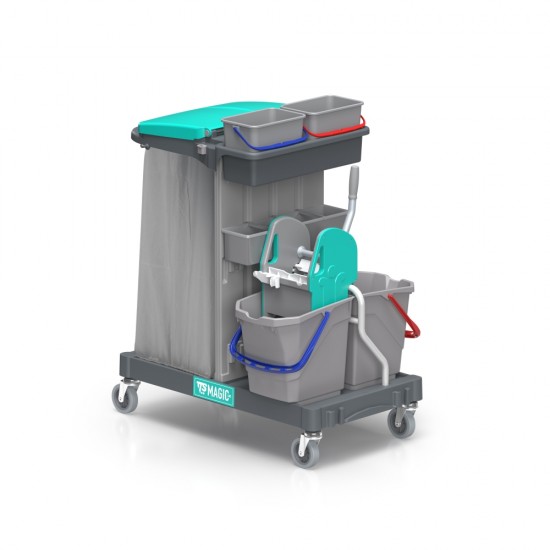 Cărucior cu suport sac de 120 L plus compartiment usensile și zonă de spălat cu storcator si 4 găleți